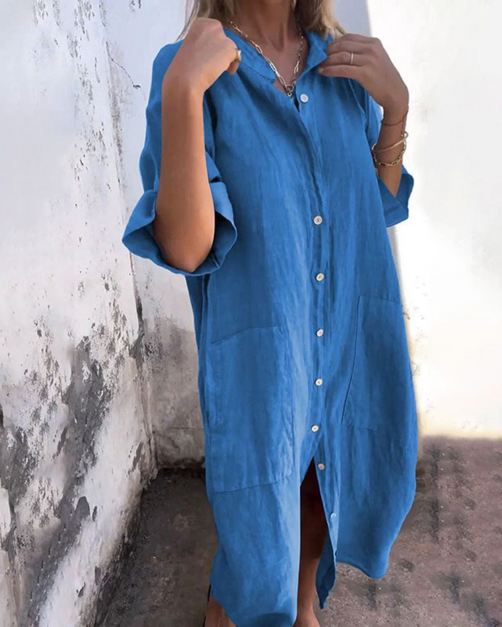 Women's Linen Maxi Shirt Dress with Patch Pockets