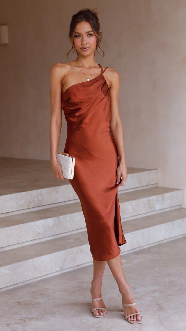 Alessia | Satin One Shoulder Midi Dress