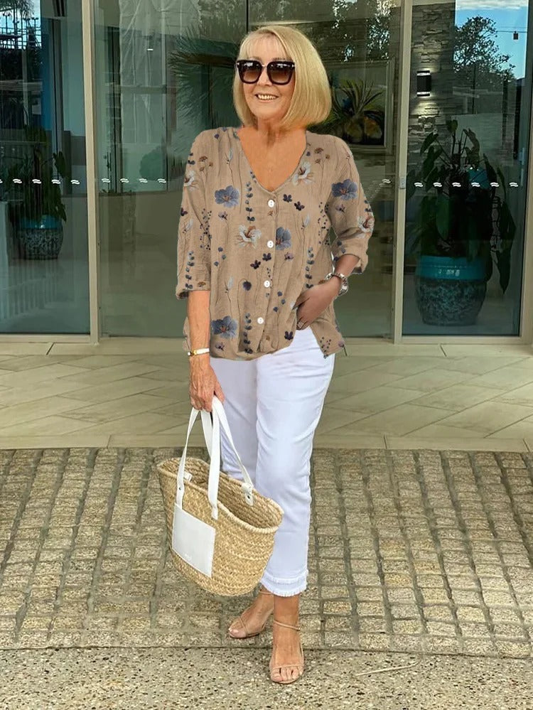 Women's Linen Floral Print Blouse with V-Neck