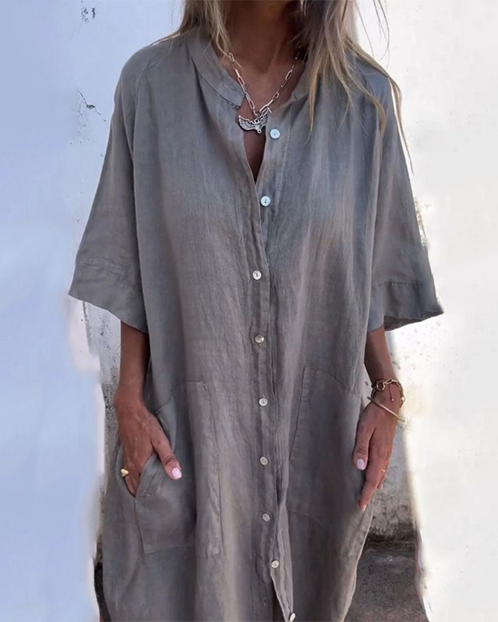 Women's Linen Maxi Shirt Dress with Patch Pockets