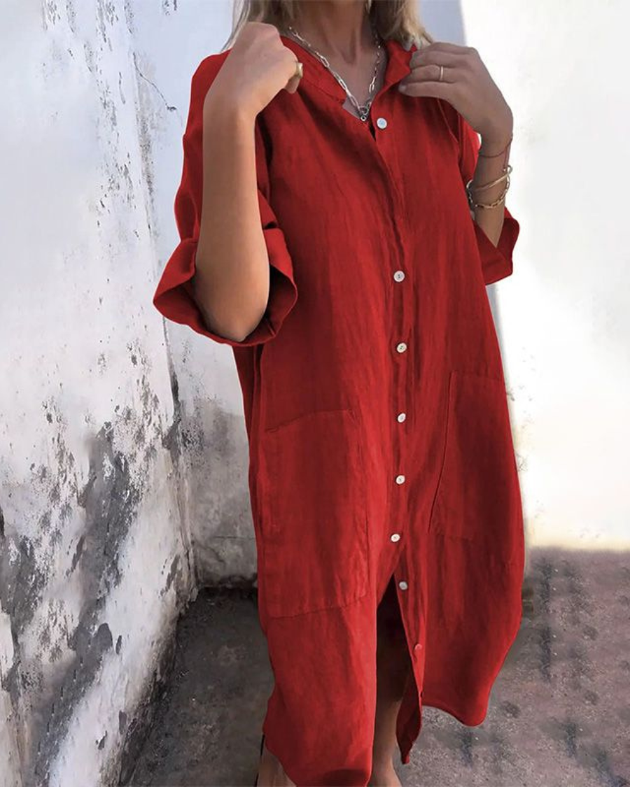 Women's Linen Maxi Shirt Dress with Patch Pockets