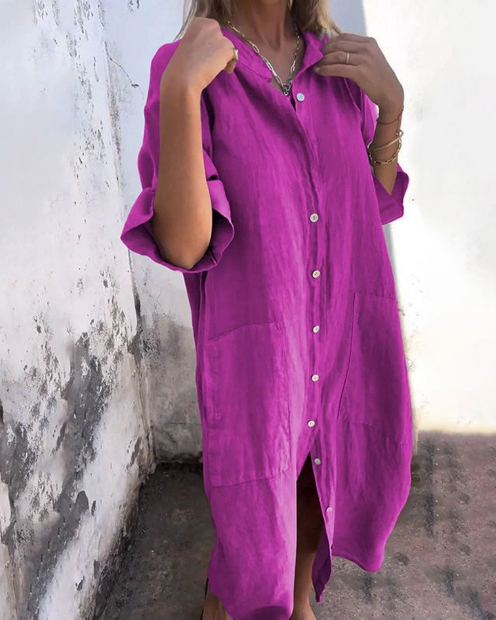 Women's Linen Maxi Shirt Dress with Patch Pockets