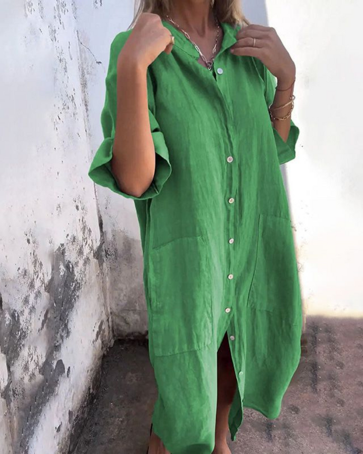 Women's Linen Maxi Shirt Dress with Patch Pockets