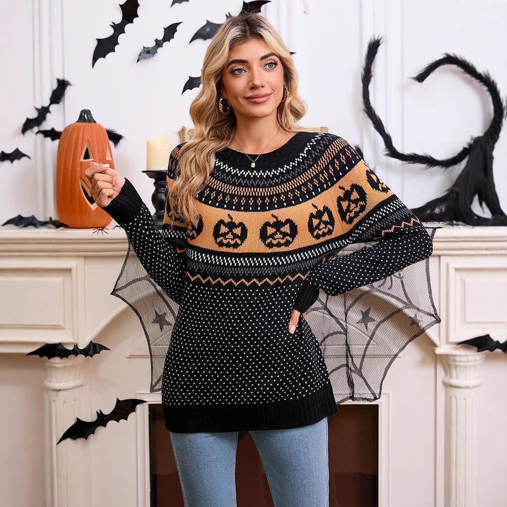 Women's Pumpkin Print Halloween Knit Jumper