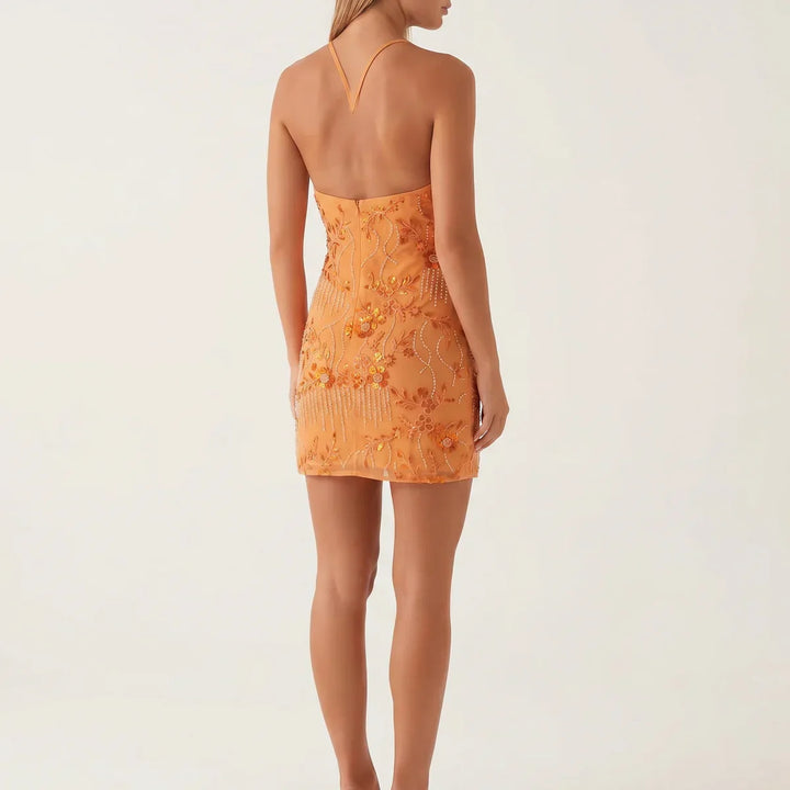 Women's Beaded Floral Halter Mini Party Dress