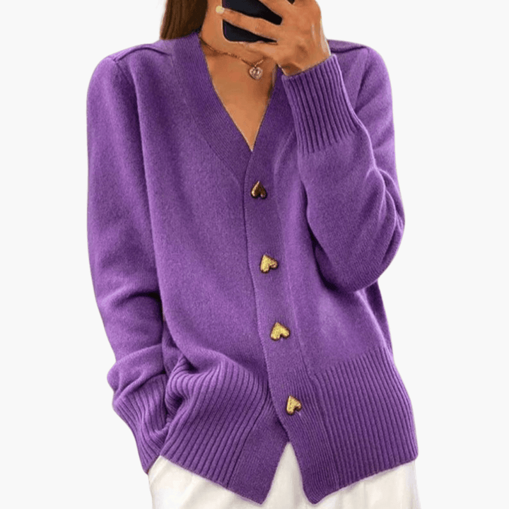 Amelia | Heart Button V Neck Knit Cardigan