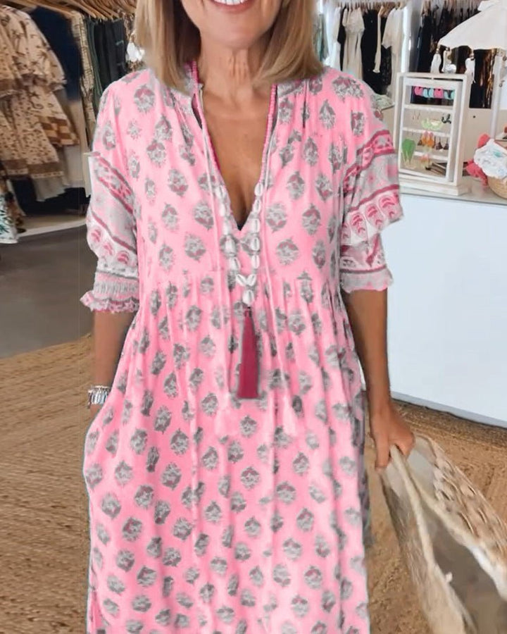 Boho Print V-Neck Midi Dress