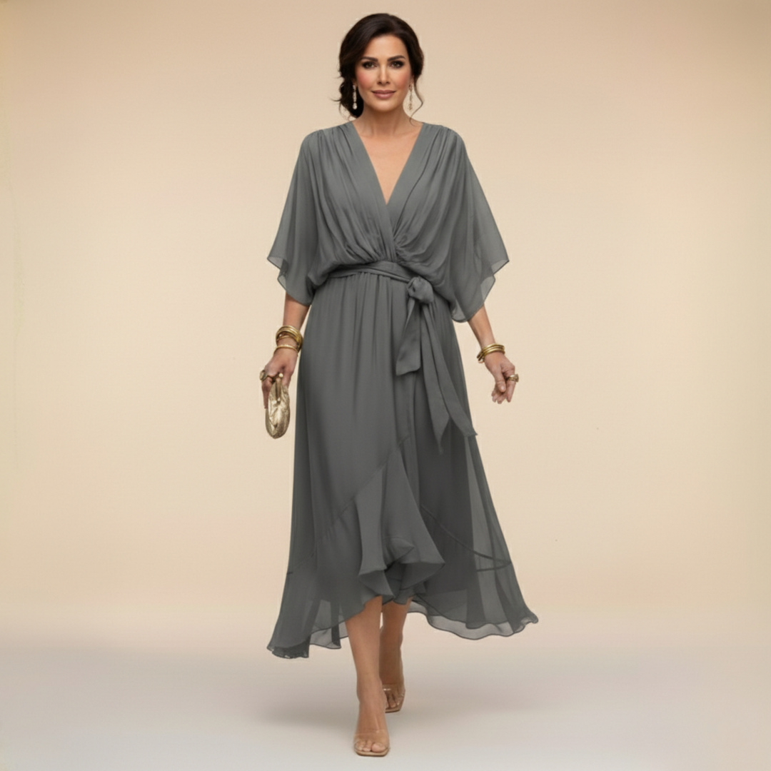 Women's Wrap Midi Dress with Kimono Sleeves