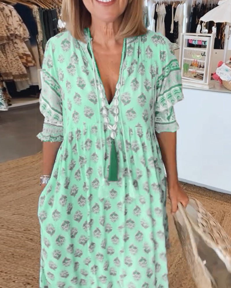 Boho Print V-Neck Midi Dress