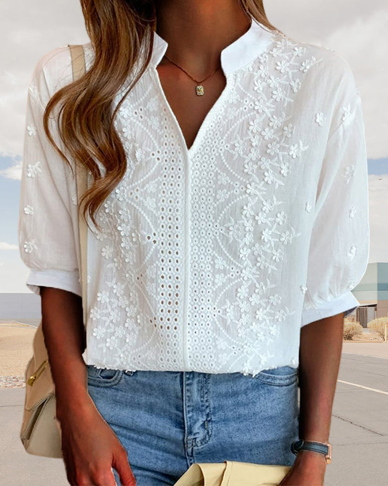 Women's Floral Embroidered Puff Sleeve Blouse