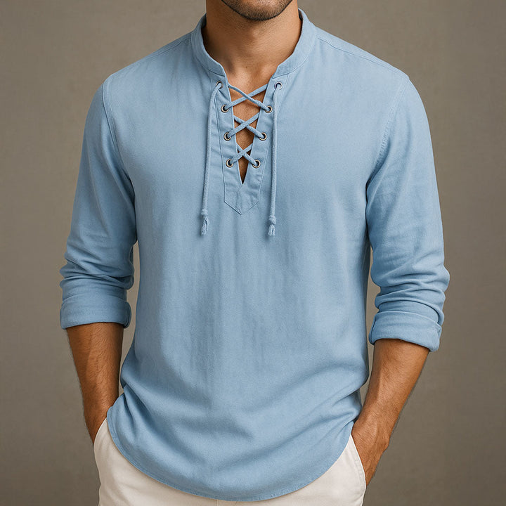 Men's Cotton Lace-Up Shirt with Band Collar