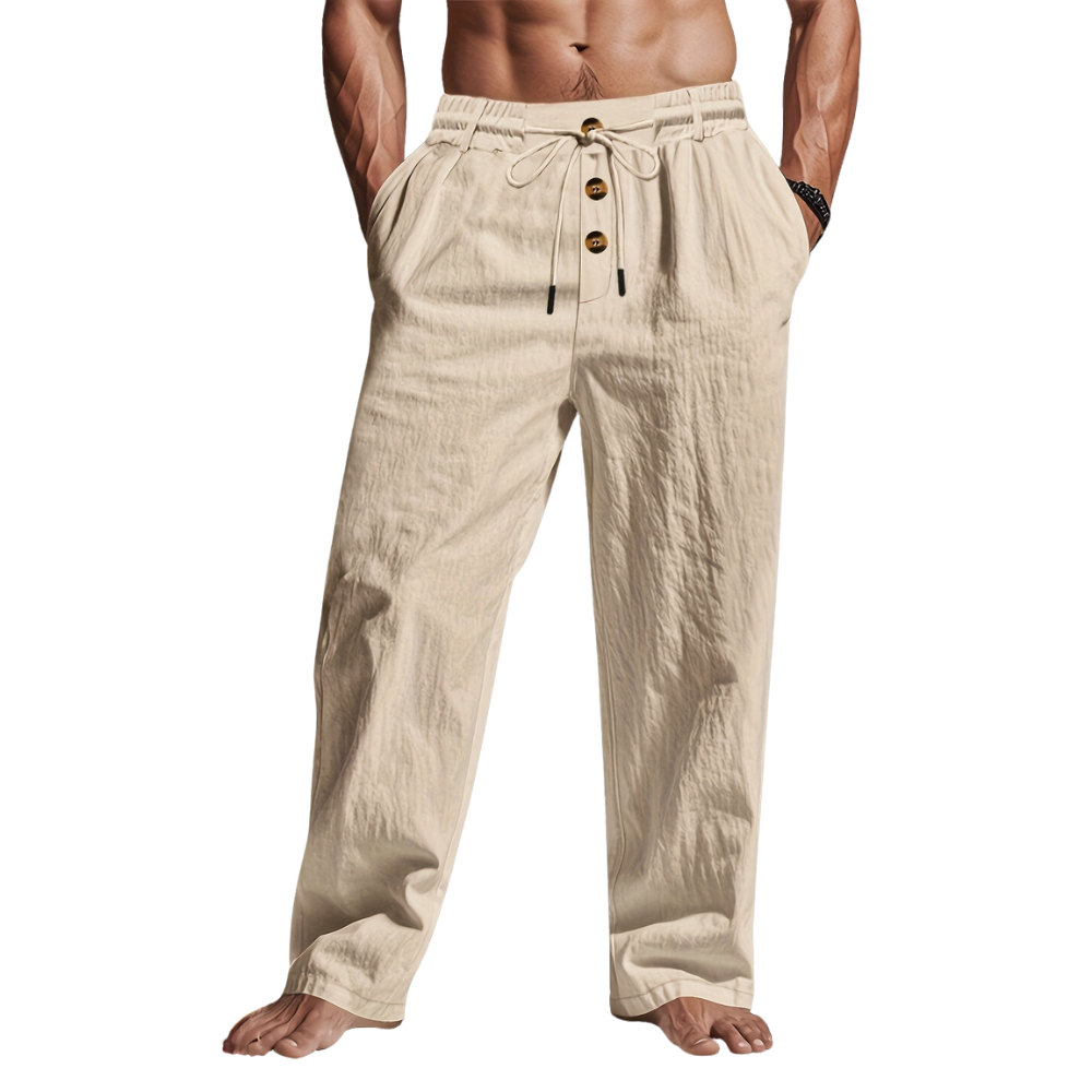 Men's Linen Straight-Leg Pants with Button Placket