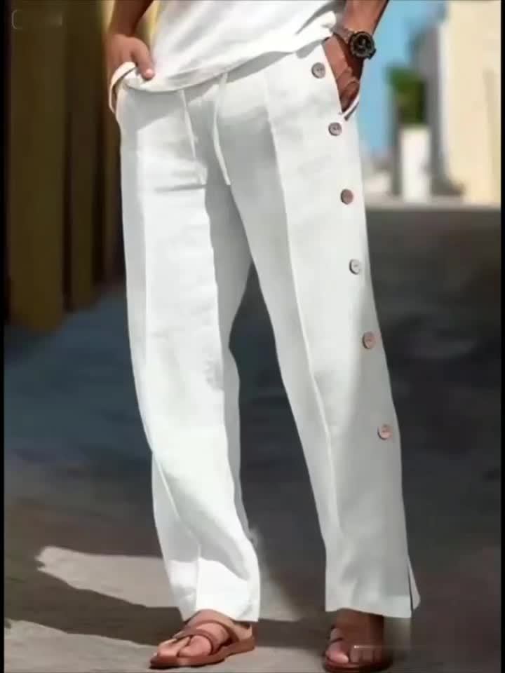 Men's Linen Straight-Leg Pants with Side Button Placket
