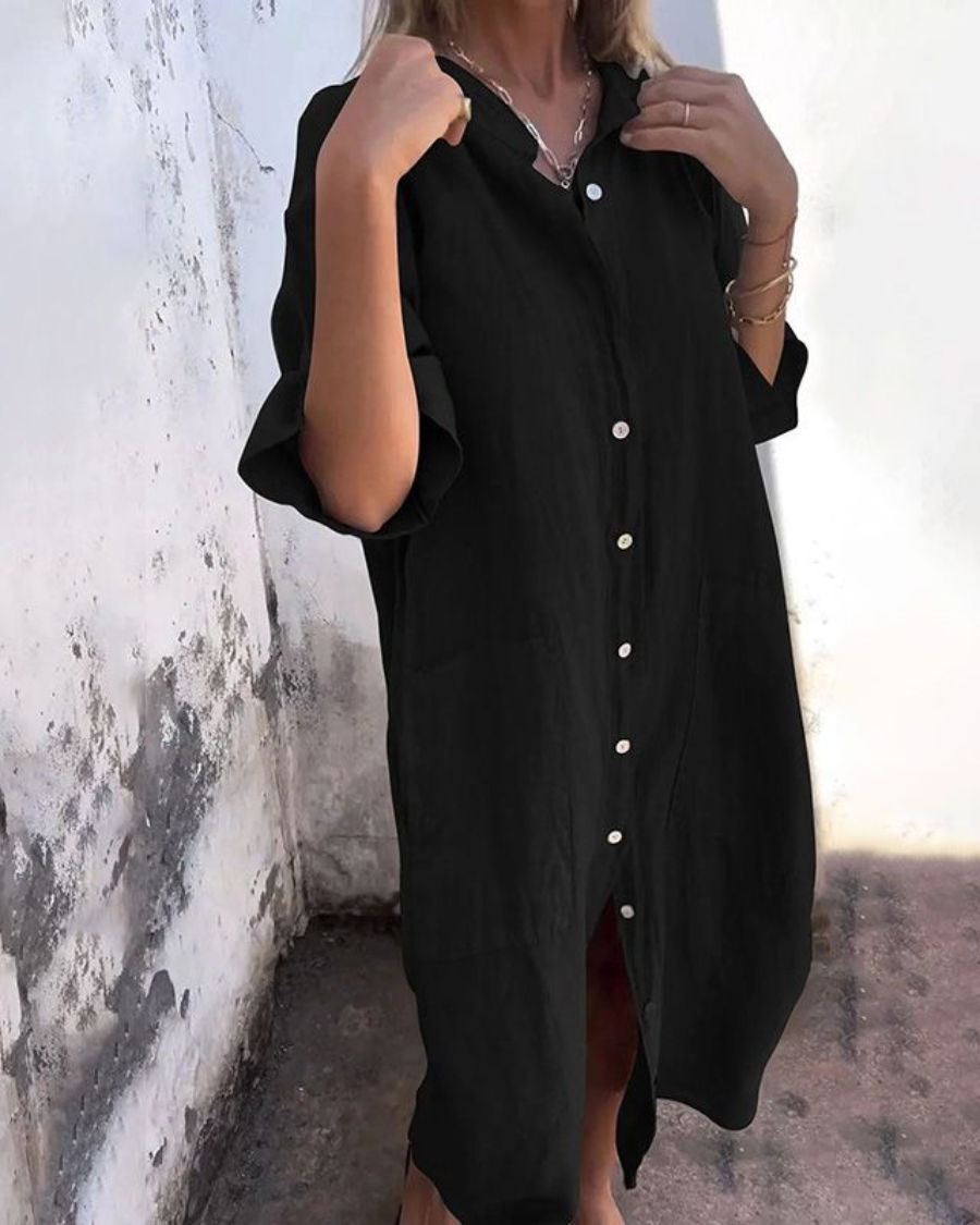 Women's Linen Maxi Shirt Dress with Patch Pockets