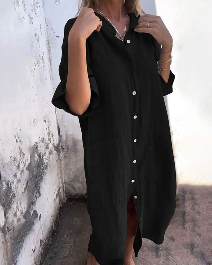 Women's Linen Maxi Shirt Dress with Patch Pockets