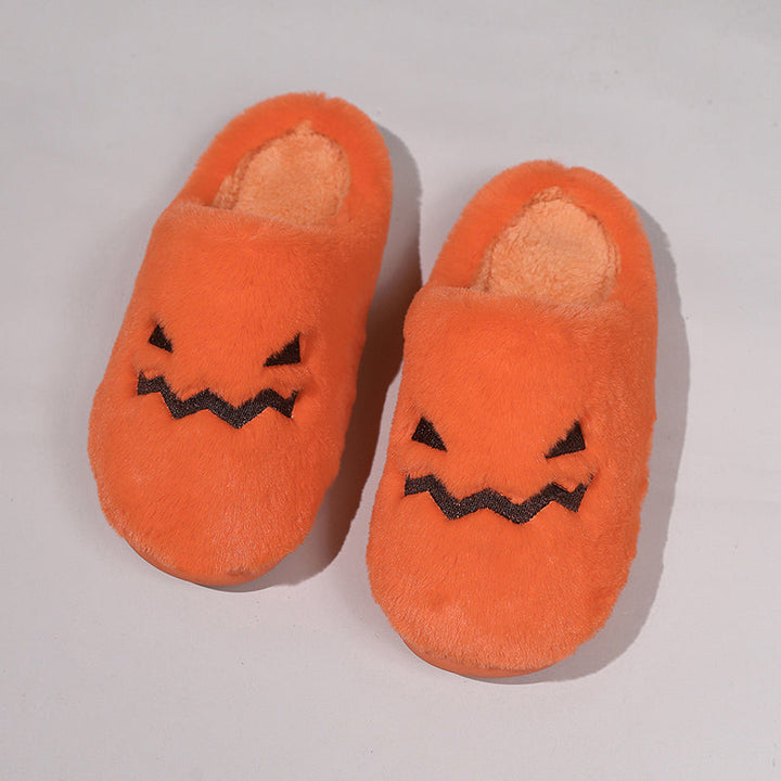 Women's Plush Pumpkin Halloween Slippers with Face Cutout