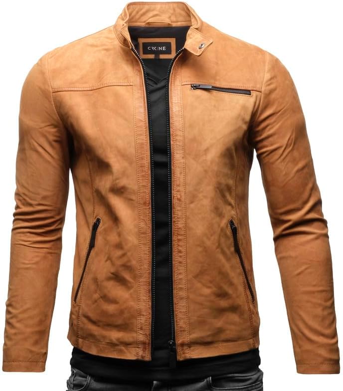 Men's Distressed Leather Jacket with Stand Collar