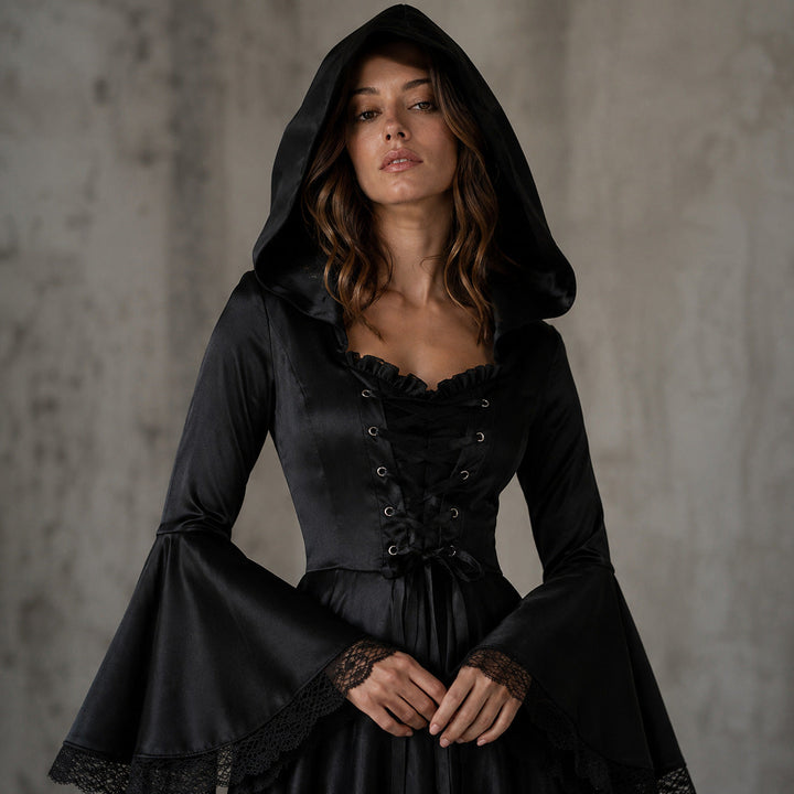 Women's Hooded Witch Halloween Costume Dress with Laced Corset Front