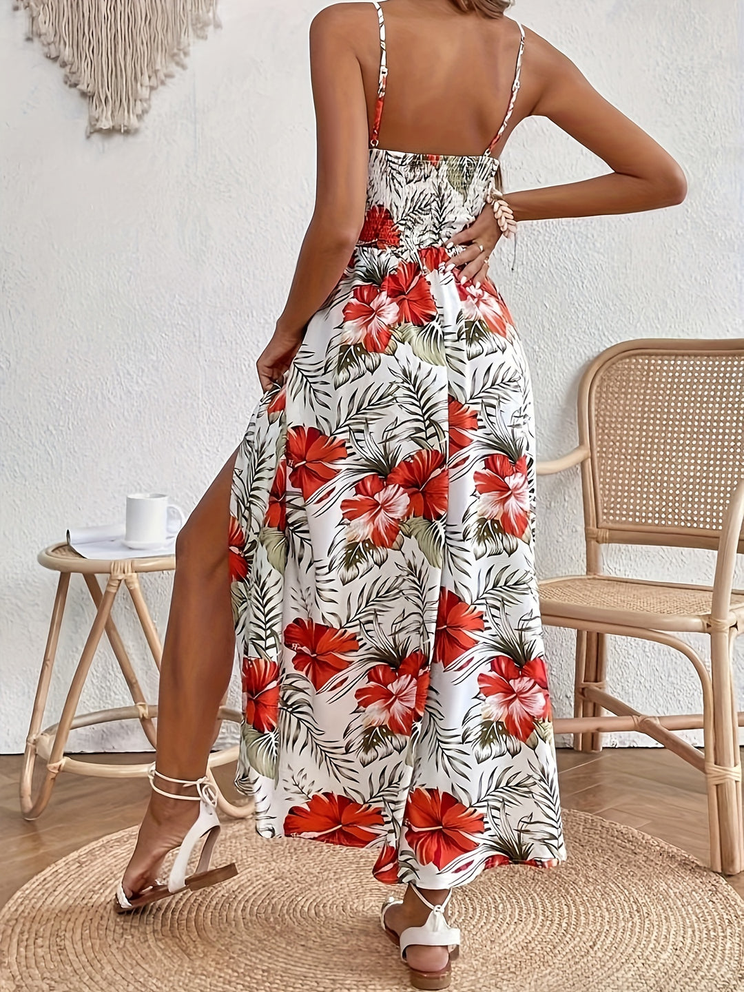 Women's Floral Maxi Dress with Crochet Waist Detail