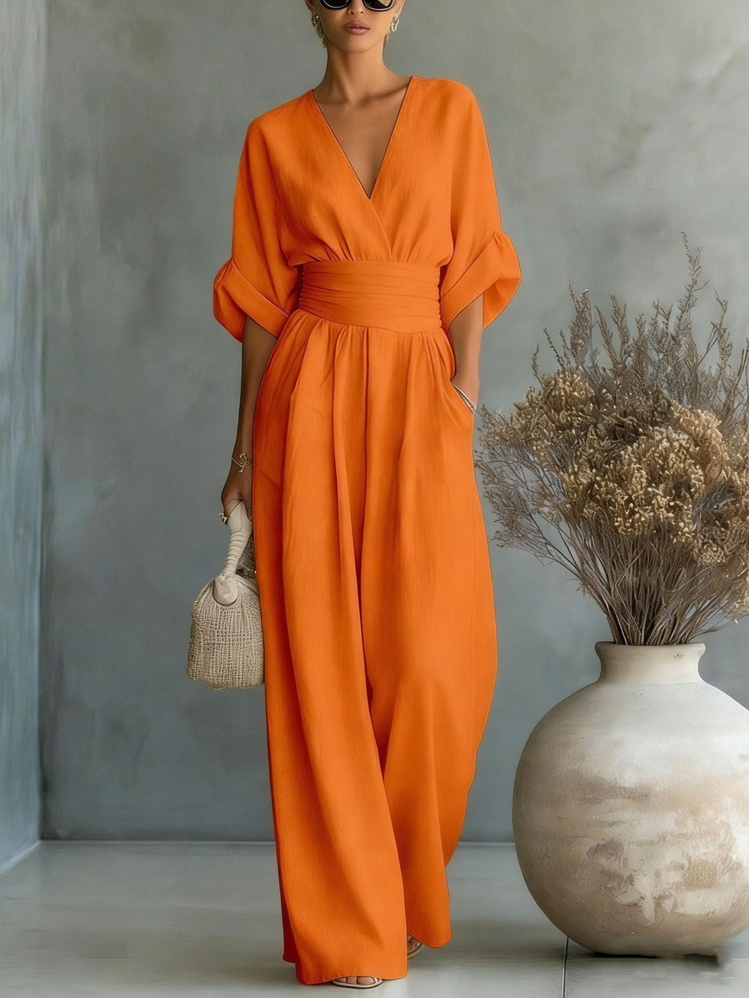 Women's Linen Wrap V-Neck Wide-Leg Jumpsuit