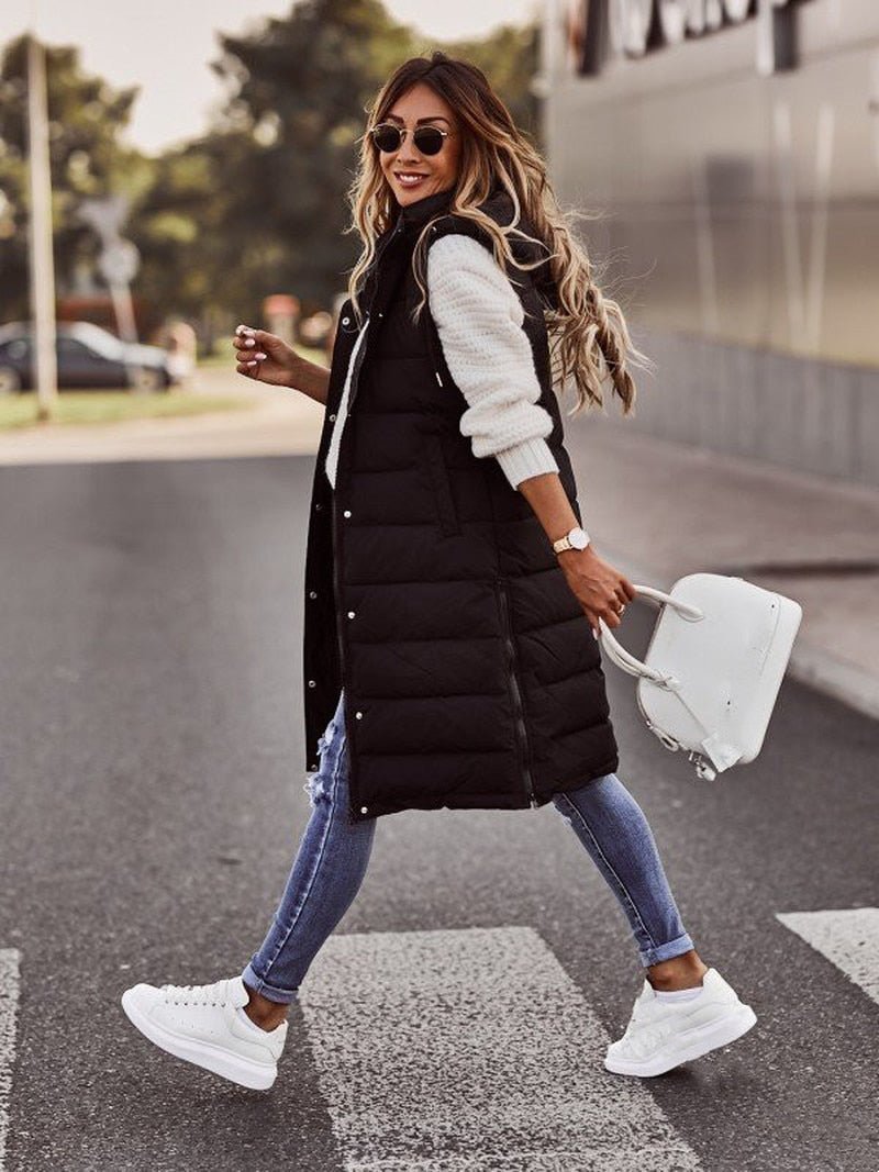 Women's Quilted Knee-Length Puffer Gilet in Longline Fit