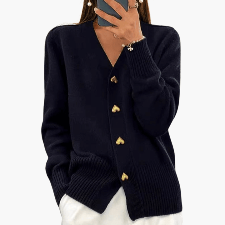 Amelia | Heart Button V Neck Knit Cardigan