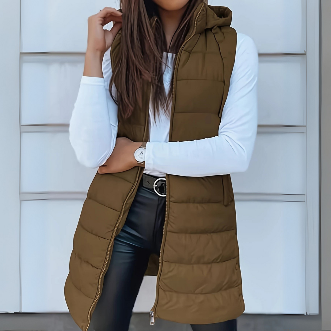 Women's Longline Hooded Puffer Gilet with Zip