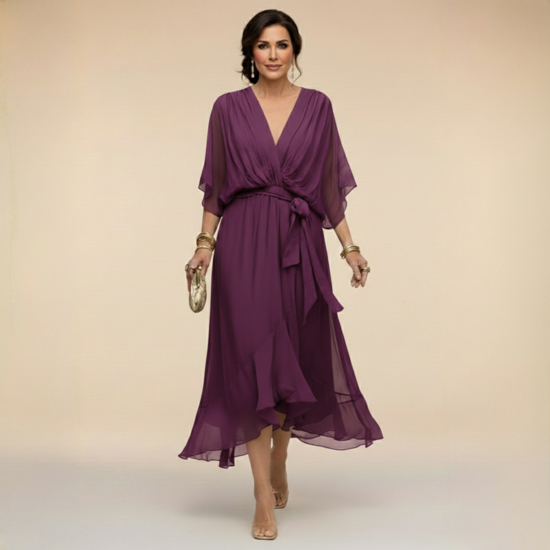 Women's Wrap Midi Dress with Kimono Sleeves