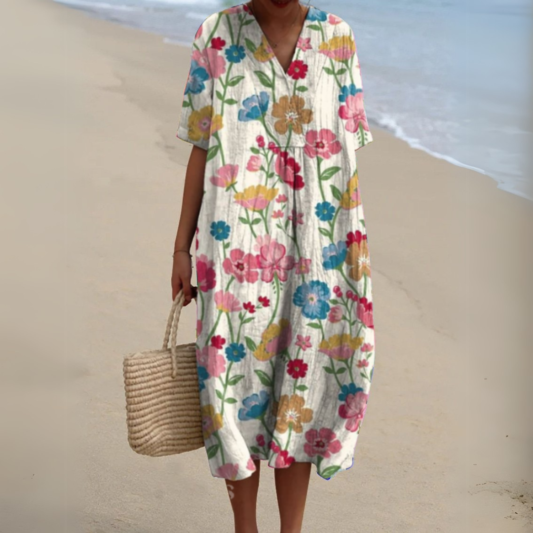 Women's Floral V-Neck Short Sleeve Maxi Dress