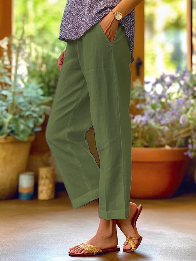 Women's Linen Cropped Pants with Cuffed Hem