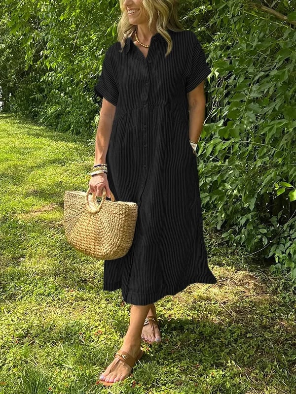 Women's Striped Linen Shirt Dress with Side Pockets