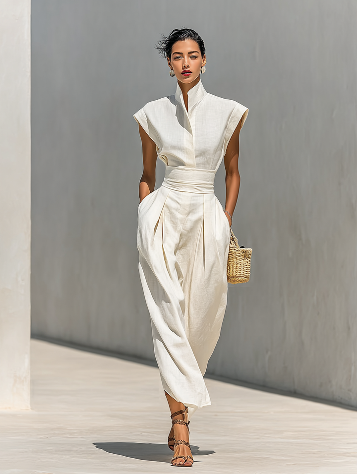 Women's Linen Maxi Dress with Sash Waist