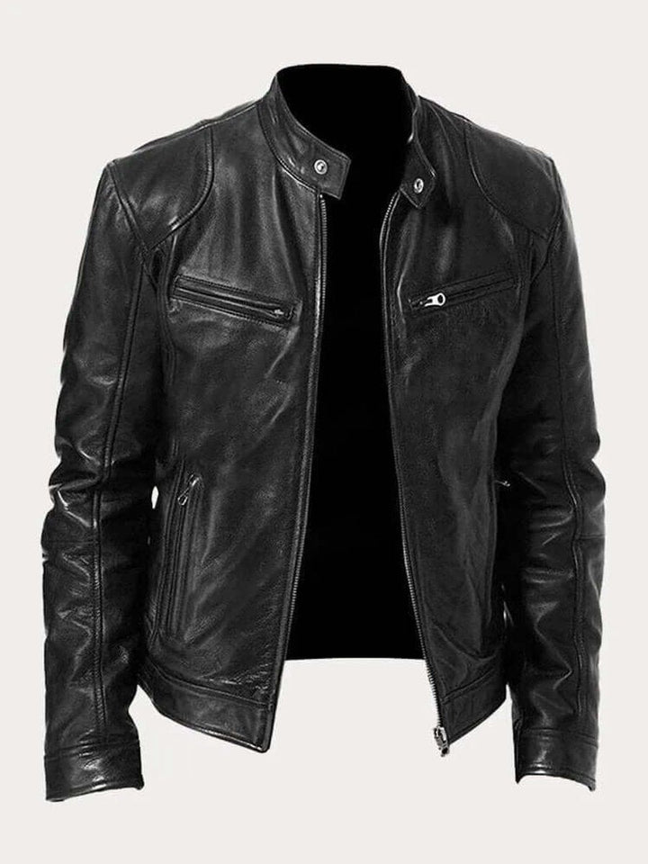 Men's Biker Jacket with Stand Collar and Zip Pockets