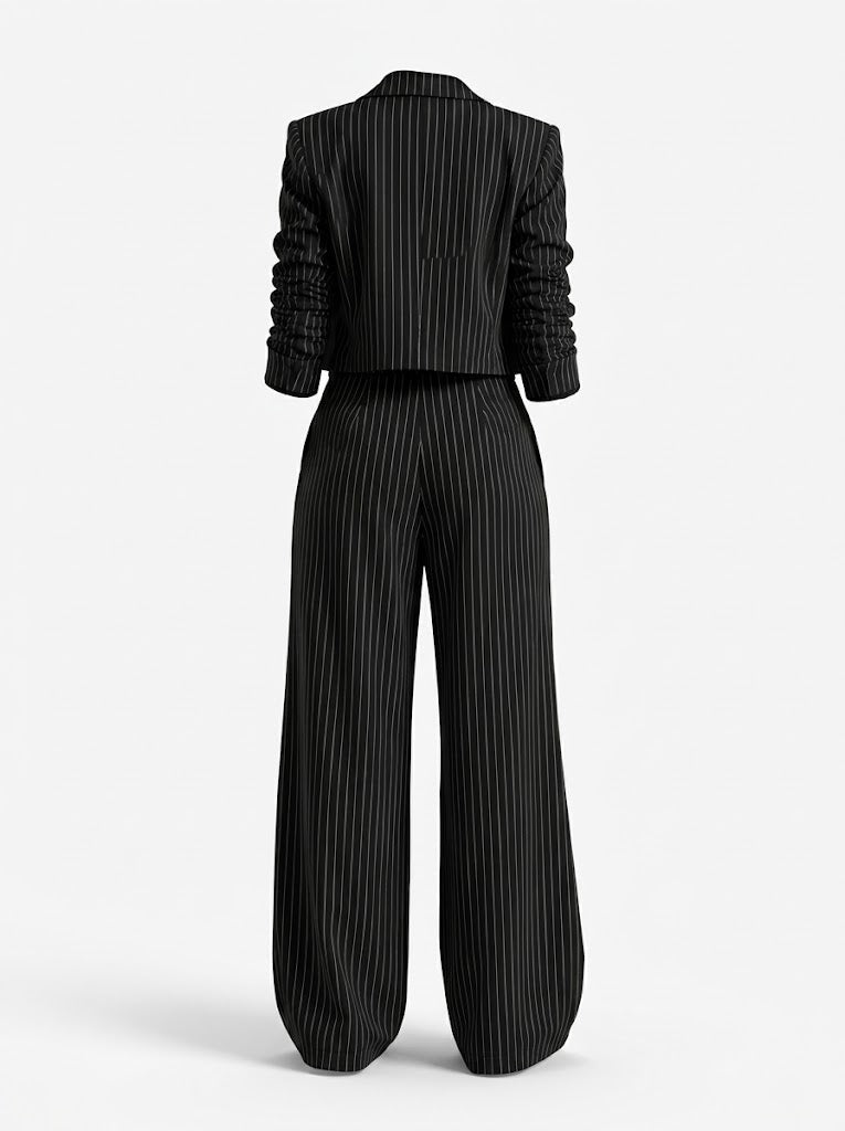 Women's Pinstripe Cropped Blazer Wide-Leg Trouser Co-Ord Set