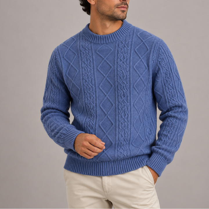 Men's Cable Knit Crew Neck Jumper with Ribbed Cuffs