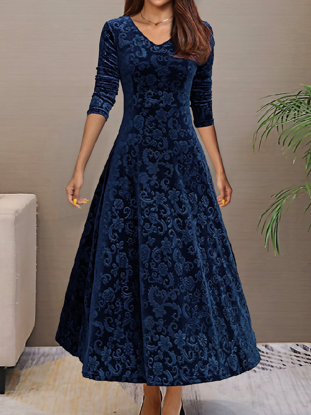 Vivienne | Floral Velvet V Neck Midi Dress