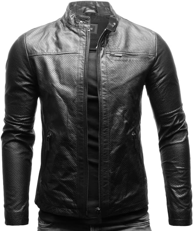 Men's Distressed Leather Jacket with Stand Collar