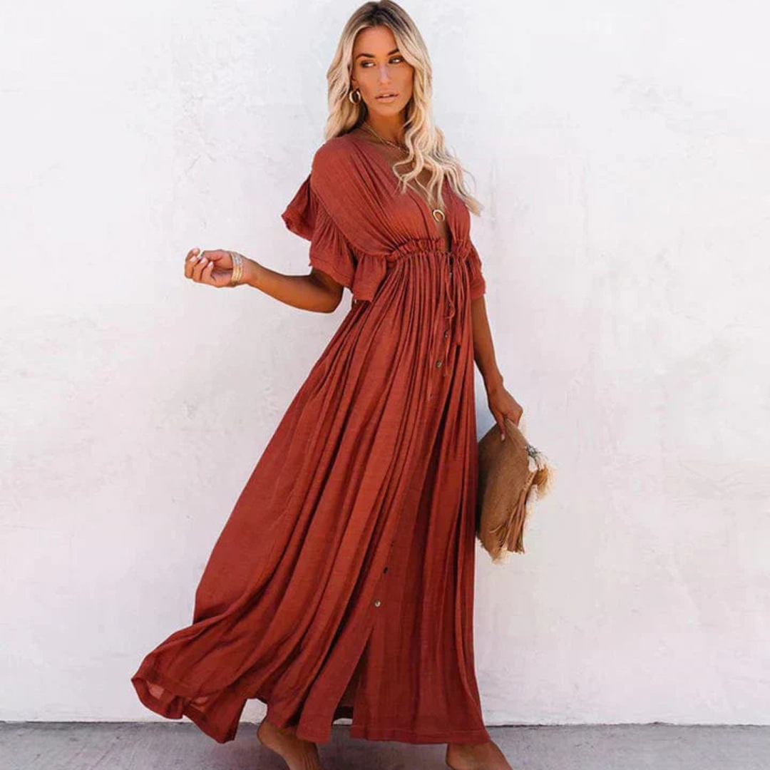 Celine | Flutter Sleeve Button Front Maxi Dress