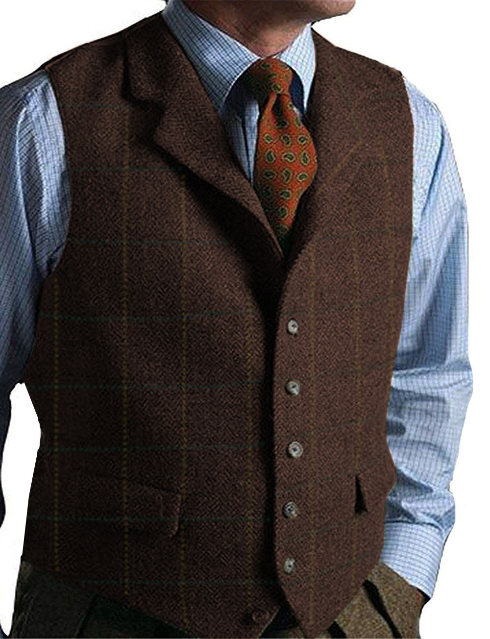 Men's Wool Blend Tweed Waistcoat with Herringbone Pattern