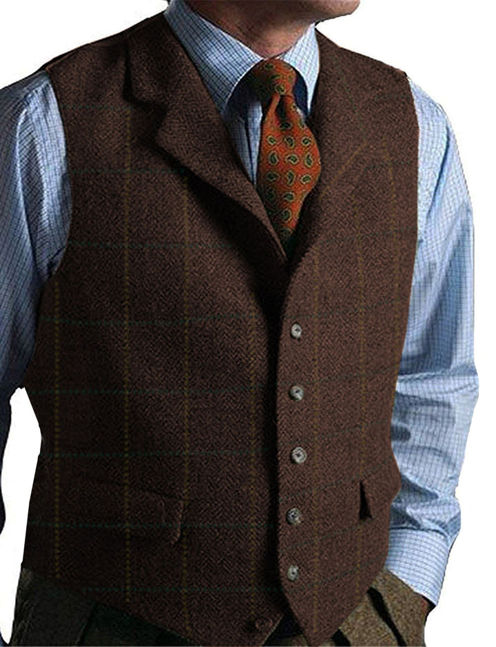 Men's Wool Blend Tweed Waistcoat with Herringbone Pattern