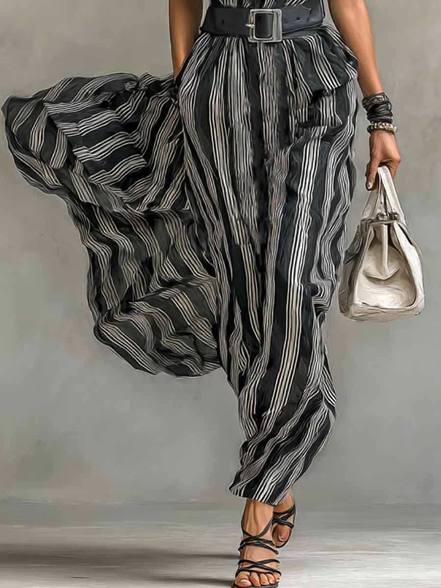 Women's Striped Belted Shirt Maxi Dress