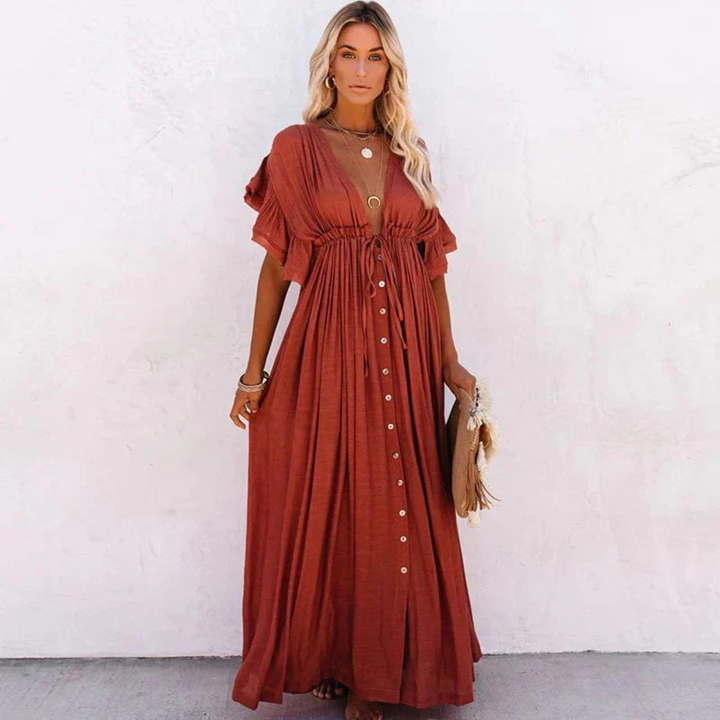 Celine | Flutter Sleeve Button Front Maxi Dress