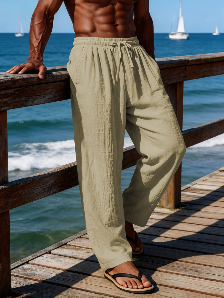 Men's Crinkled Linen Wide-Leg Drawstring Pants