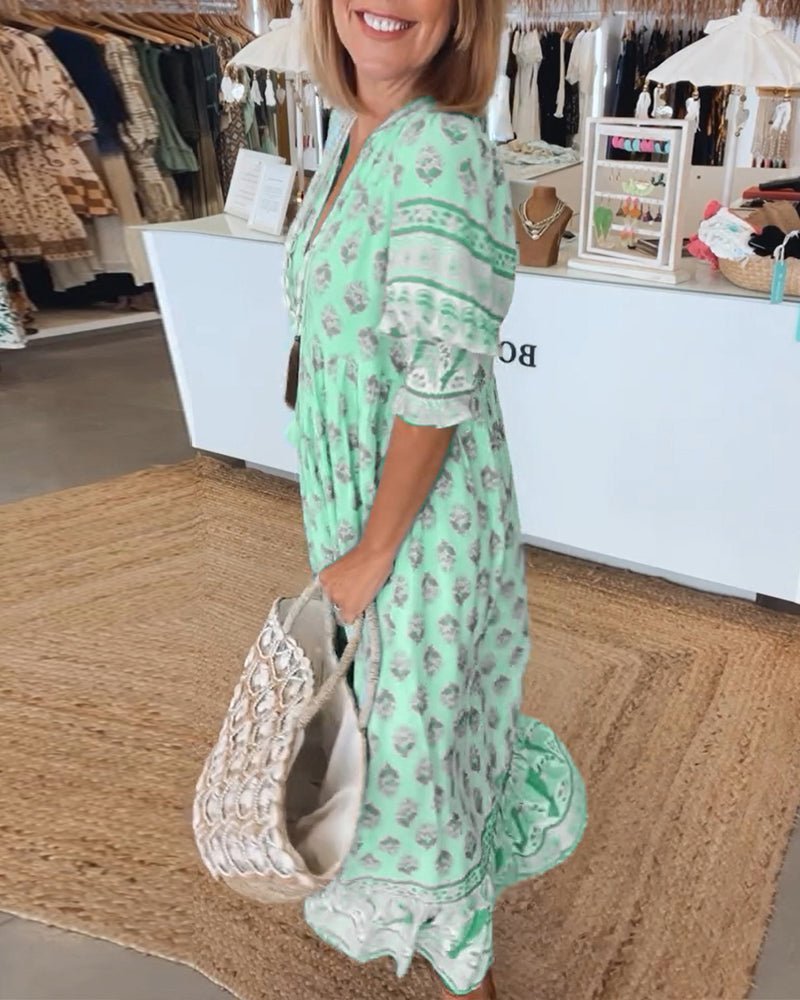 Boho Print V-Neck Midi Dress
