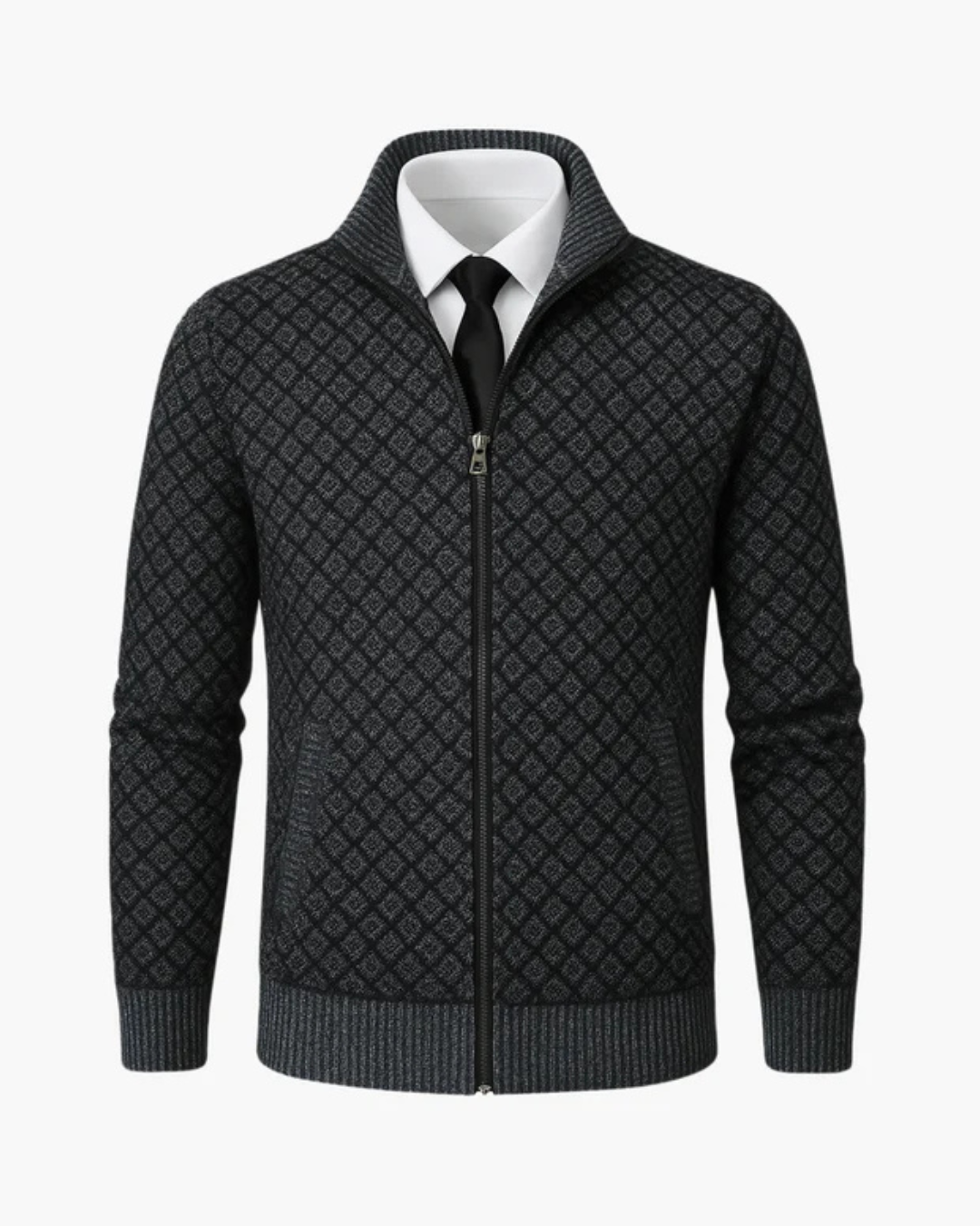 Men's Knit Zip Jacket with Diamond Pattern