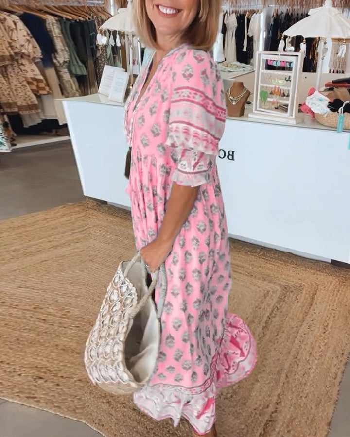 Boho Print V-Neck Midi Dress