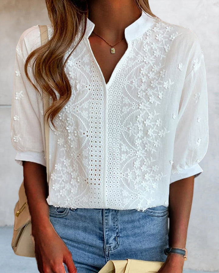 Women's Floral Embroidered Puff Sleeve Blouse