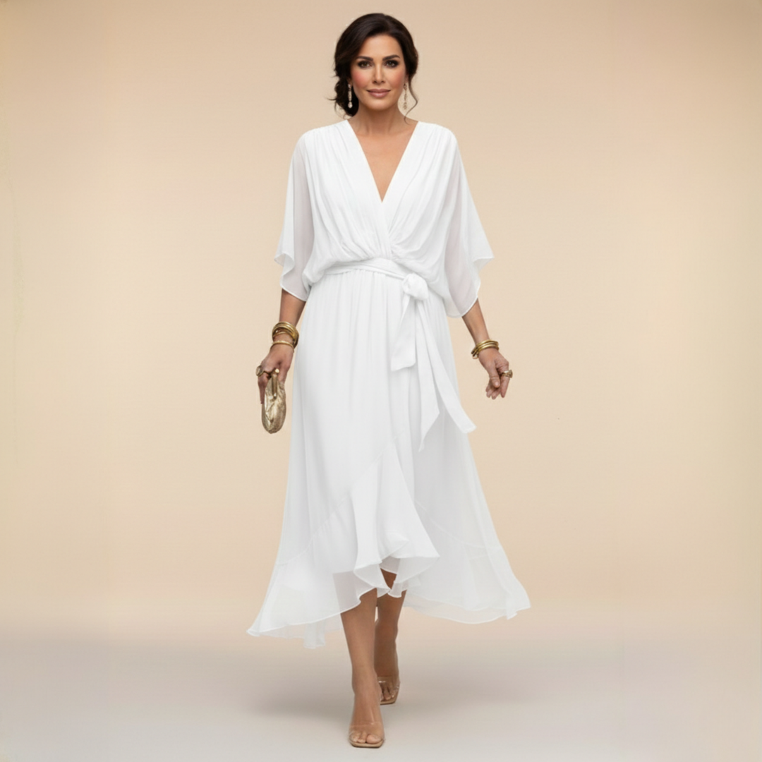 Women's Wrap Midi Dress with Kimono Sleeves