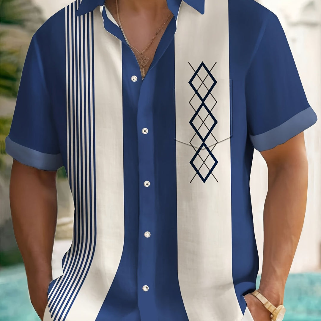 Men's Short Sleeve Colourblock Shirt with Diamond Print