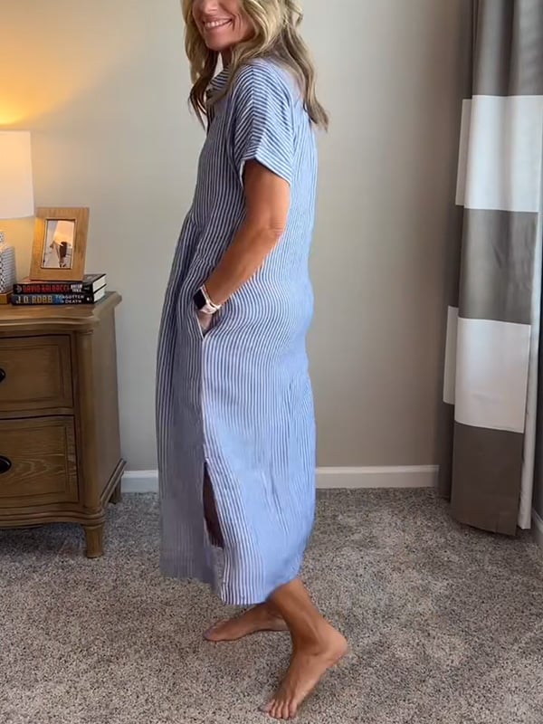 Women's Striped Linen Shirt Dress with Side Pockets